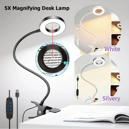 USB Clip-On Magnifying Desk Lamp, 5x Lens, Dimmable LED