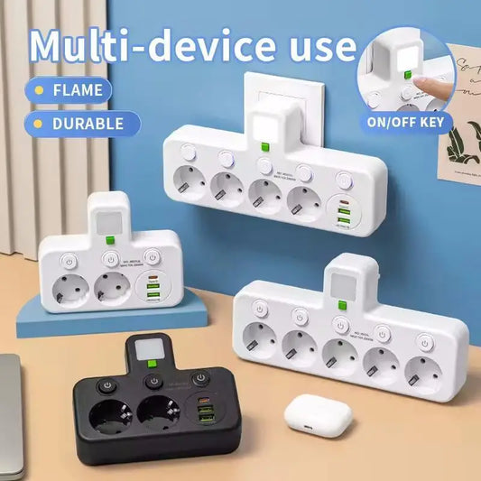 EU 4-Socket Wall Power Adapter with Individual Switches, 2500W Mountable Multi-Outlet (No Extension Cable) USB Option