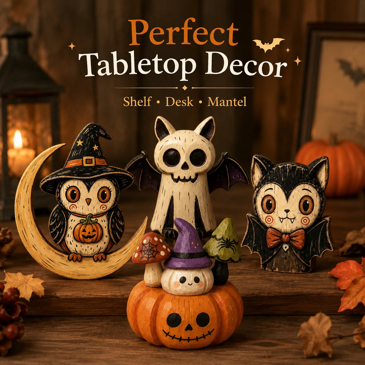 Halloween Hand-Painted Wooden Tabletop Figurines – Owl, Ghost, Pumpkin & Vampire Cat Characters for Shelf, Mantel & Party Decor – 4 Colors