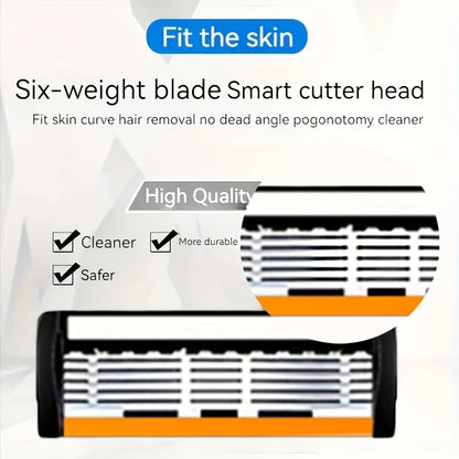 6-Layer Stainless Steel Safety Razor Set for Men - Replaceable Blade Head, Manual Shaving