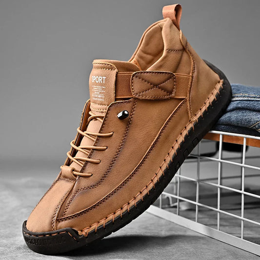 Handmade Men's PU Leather Slip-On Loafers Breathable Casual Moccasins Rubber Outsole Plus Sizes