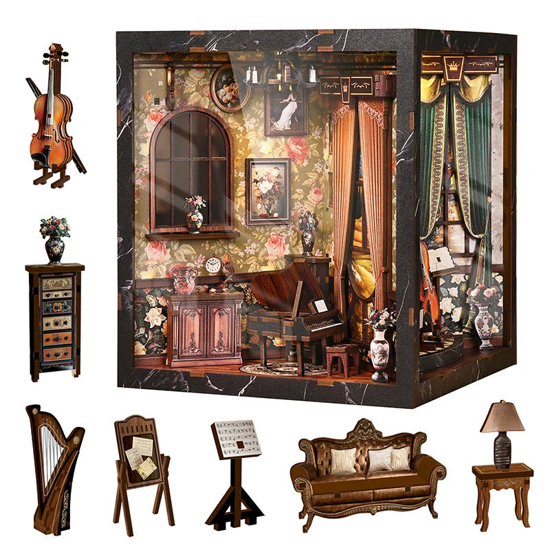 European Melody Musical Instrument Box DIY Miniature House, 3D Puzzle Bookend Model, Wooden Bookend. Creative Gift