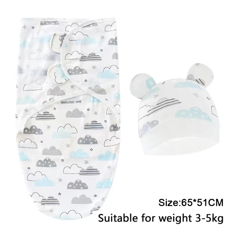 Baby Blanket Hat Set Cartoon Printed Cotton Newborn Swaddle Adjustable