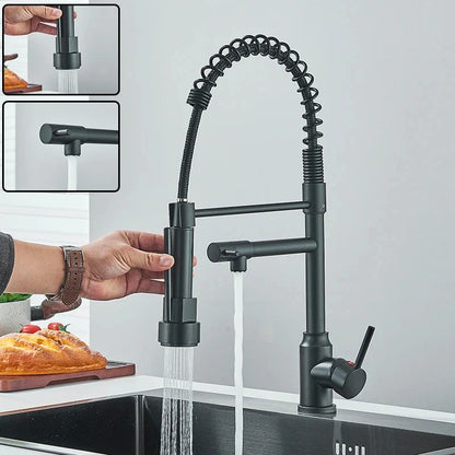 Black Pull-Down Kitchen Faucet - Single-Handle Hot & Cold Mixer, Dual Spout, 2-Mode Spray, 360° Rotating Deck-Mounted