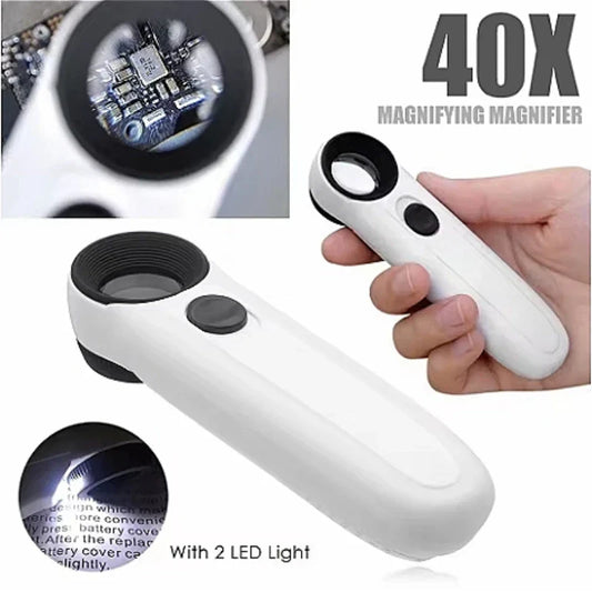 40X Handheld Magnifying Glass with 2 LED Lights for Jewelry Stamps Maps Circuit Board Inspection