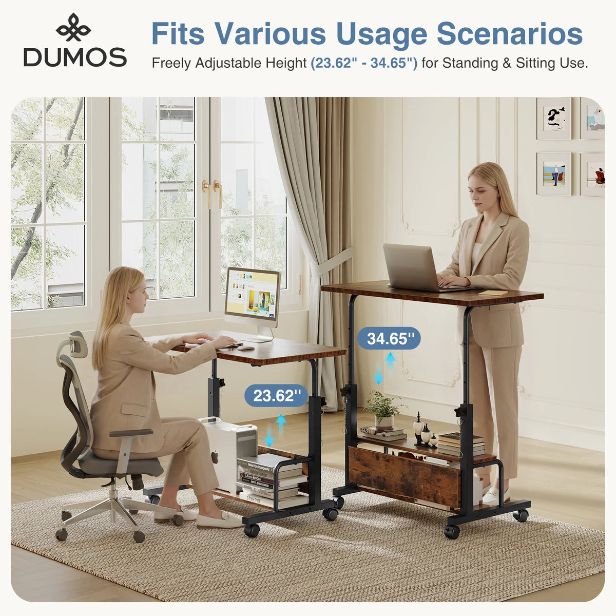 JHK 31.5" Mobile Standing Desk for Treadmill - 27.95"-43.70" Height Adjustable, Locking Wheels, 88 lbs, Pin-Lock, Chocolate/White/Black