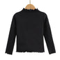 Girls Turtleneck Long Sleeve Lettuce-Edge Knit Tee – Solid Color Autumn Winter Top