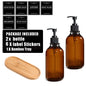 500ml (16.9 fl oz) Amber Refillable Pump Bottle Set with Black Label Stickers - Shampoo, Shower Gel & Liquid Soap Dispensers for Bathroom & Kitchen