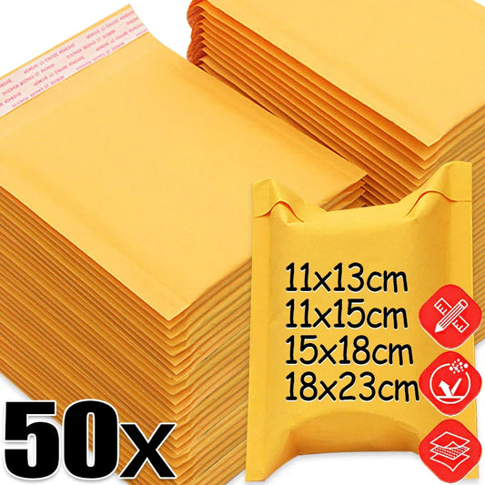 Kraft Paper Bubble Mailers – Self-Seal Waterproof Padded Envelopes, Yellow, Multiple Sizes (11×13–18×23 cm / 4.3×5.1–7.1×9.1 in), Pack of 10/20/30/50