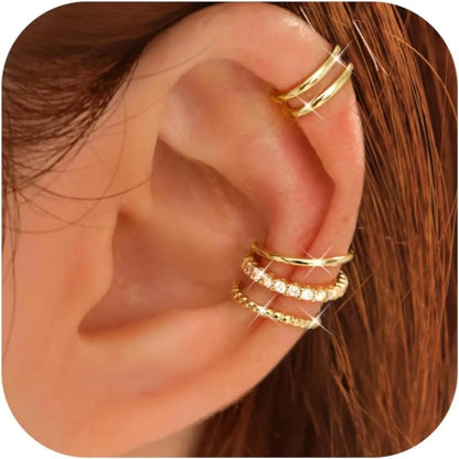 drperfect 4-Pair Ear Cuff Set - No Piercing, Adjustable Clip-On Cartilage Earrings, Brass, 14K Gold Plated or Silver, Hypoallergenic, Nickel-Free - 6 Styles