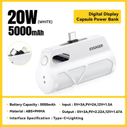 Mini Capsule Power Bank 5000mAh PD 20W USB-C & Lightning Plug Portable External Battery