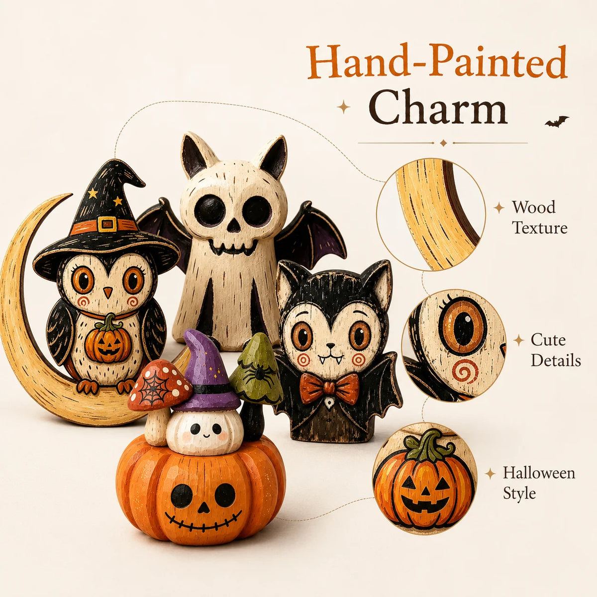Halloween Hand-Painted Wooden Tabletop Figurines – Owl, Ghost, Pumpkin & Vampire Cat Characters for Shelf, Mantel & Party Decor – 4 Colors