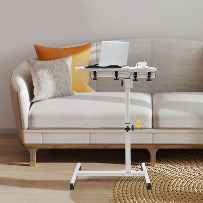 Adjustable White Mobile Laptop Table Stand with Lockable Wheels, Height & 360° Tilt C-Table for Bed Sofa Home Office