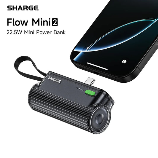Flow Mini Portable Power Bank 5000mAh 22.5W Fast Charging Dual USB-C with Built-in Lightning & USB-C Cables