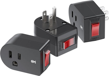 3-Pack Grounded Outlet Switch with On/Off Button, Black - Safe Energy-Saving Adapter
