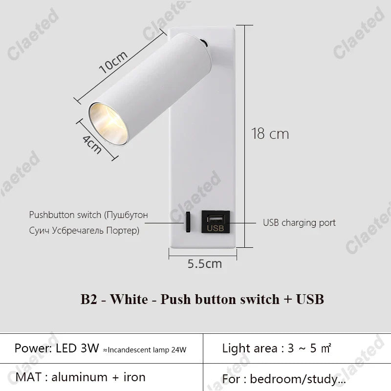 New Led Wall Lamp Sconce with Switch Black Brass Creative USB Port Reading Wall Lamp with 3W Spotlight for Bedroom Bedside