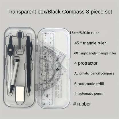 8-Piece Geometry Drawing Set for School — Compass, Mechanical Pencil, Protractor, Ruler & Tripod with Storage Case