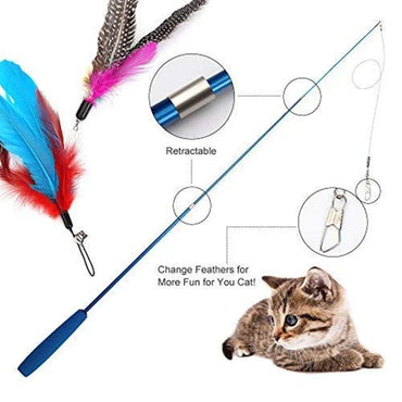 Telescopic Cat Teaser Wand 3-Section 15–38 in (38–97 cm) with 5 Feather Refills – Interactive Kitten Toy