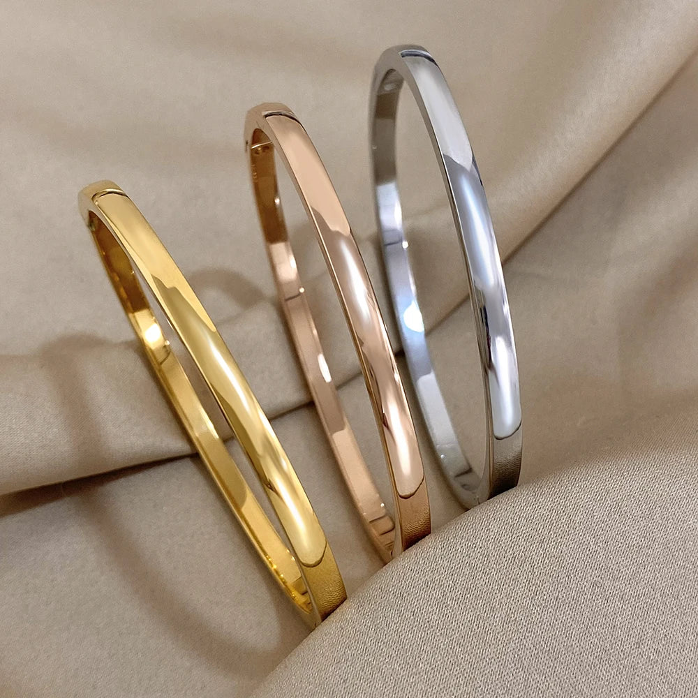 Smooth Stainless Steel Cuff Bangle Bracelet - Gold, Rose Gold or Silver, 60mm, Waterproof, Stackable