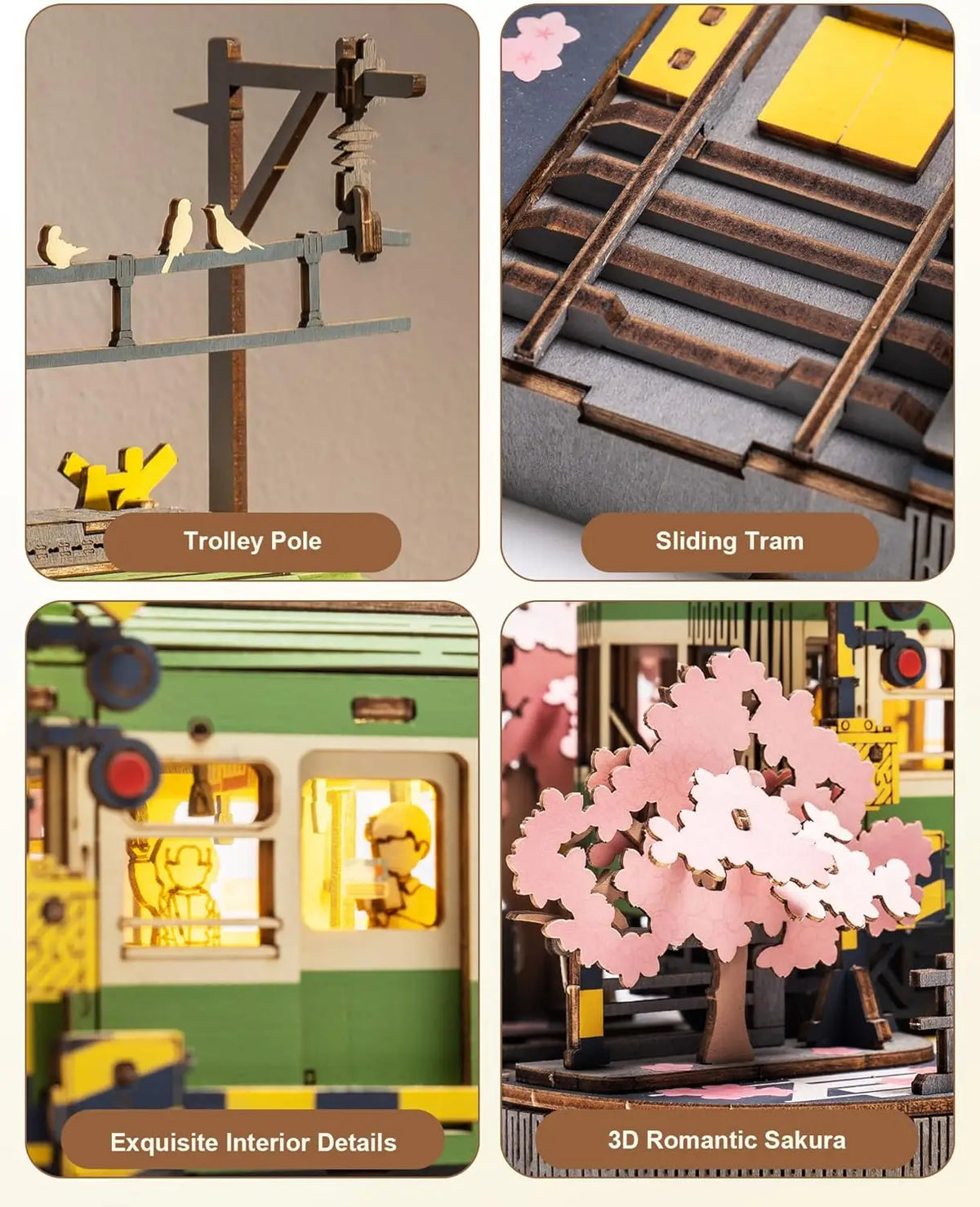 Robotime Sakura Journey Tram 3D Wooden Puzzle with LED Lights – 223-Piece Model Kit for Adults