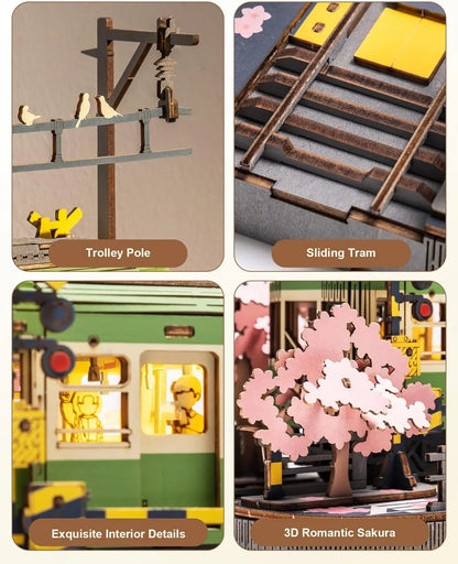 Robotime Sakura Journey Tram 3D Wooden Puzzle with LED Lights – 223-Piece Model Kit for Adults