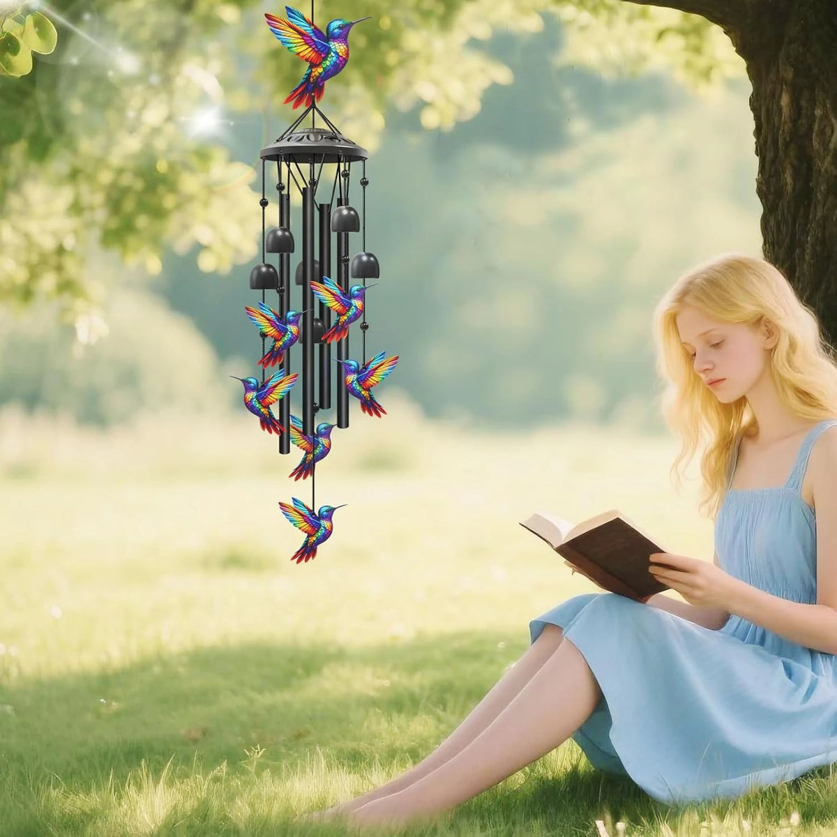 Hummingbird & Cardinal Metal Wind Chimes – Colorful Outdoor Garden Decor, ~37" with Aluminum Tubes & Bells