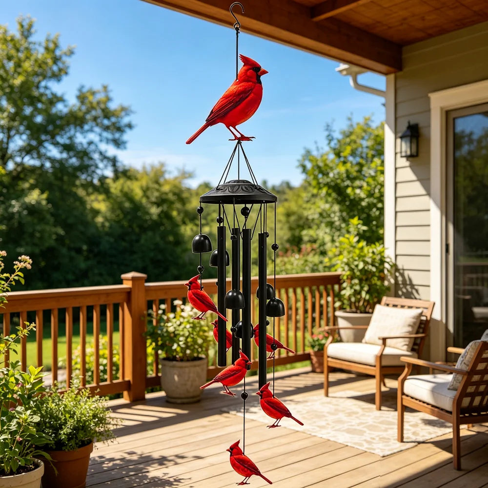 Hummingbird & Cardinal Metal Wind Chimes – Colorful Outdoor Garden Decor, ~37" with Aluminum Tubes & Bells
