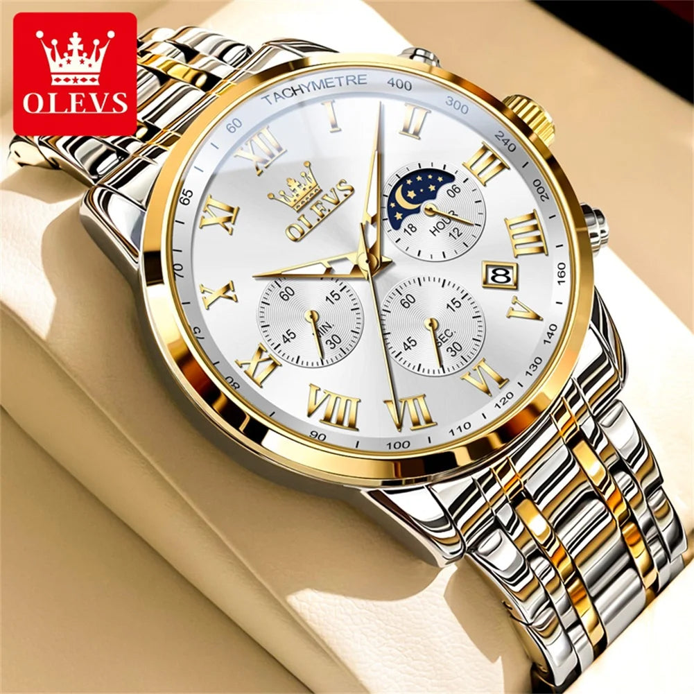 OLEVS 5529 Men's Chronograph Watch, Steel Bracelet Version - 41mm Moon Phase Dial, Auto Date, Luminous Hands, 30m Water Resistant