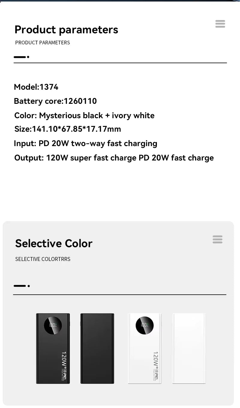 500000mAh Power Bank 120W Super Fast Charging PD20W Dual Way Digital Display Airplane Safe CCC For iPhone Samsung Xiaomi