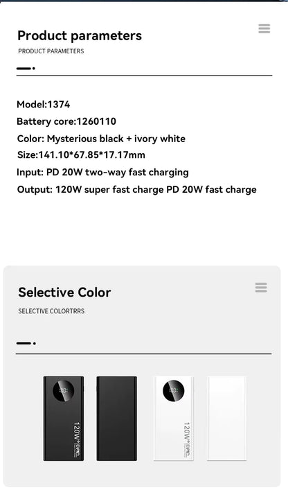 500000mAh Power Bank 120W Super Fast Charging PD20W Dual Way Digital Display Airplane Safe CCC For iPhone Samsung Xiaomi