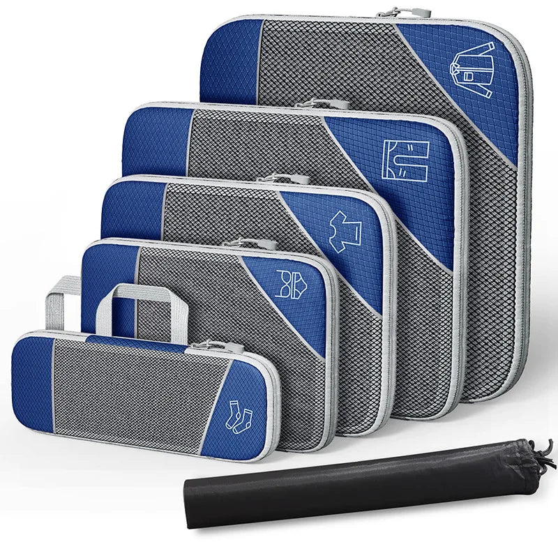 6-Piece Travel Compression Packing Cubes Set with Shoe Bag - Mesh Lightweight Luggage Organizers