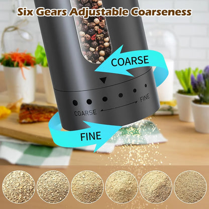 Electric Salt and Pepper Grinder Set – USB Rechargeable Automatic Ceramic Mills, 6-Setting Adjustable Coarseness, LED Light, 110 ml (3.72 fl oz)