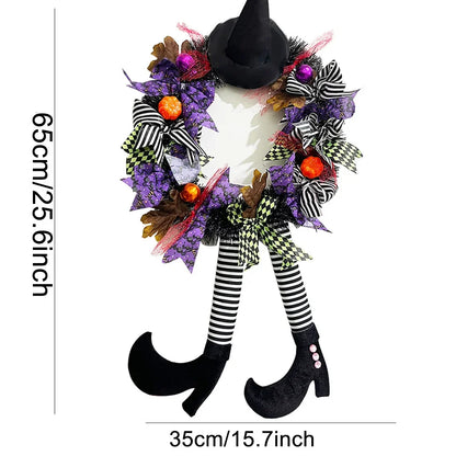 Halloween Witch Leg Pumpkin Wreath - Vintage Rattan Front Door Garland with Acorn, Maple Leaf & Pumpkin Decor for Outdoor Party Display