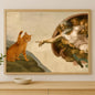 "Whimsical 'Creation of Adam' with Orange Cat Wall Print Decor - Classic Art Parody Poster for Eclectic Living Room, Quirky
