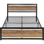 Full Metal Platform Bed Frame with Brown Wood Panel Headboard and Footboard