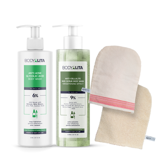 BodyLita Smoothing & Purifying Routine Set, Bath Loofah + Anti-Cellulite Body Wash + Anti-Acne Glycolic Acid Body Wash, 3-Piece Bundle