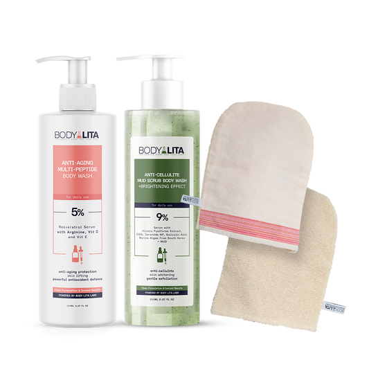 BodyLita Complete Renewal Shower Routine Set, Bath Loofah + Anti-Cellulite Body Wash + Multi-Peptide Body Wash, 3-Piece Bundle