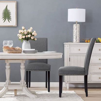 Set of 2 Grey Linen Upholstered Nailhead Dining Chair - 330 lbs. Weight Capacity