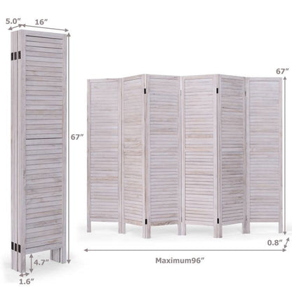6-Panel Classic Louver Slatted Room Divider Screen in White Wood Finish
