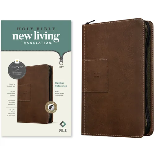 NLT Thinline Reference Zipper Bible, Filament Enabled (Leatherlike, Atlas Rustic Brown, Indexed, Red Letter) - Imitation Leather