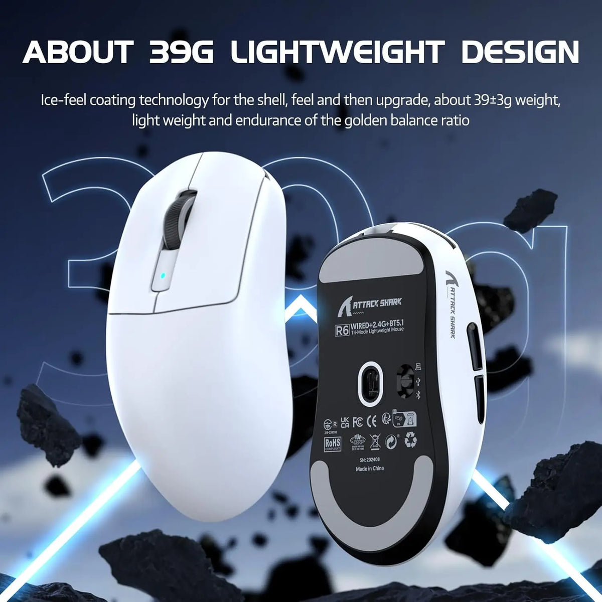 Attack Shark R6 Wireless Gaming Mouse - PAW 3950Max Sensor, 8KHz Polling, Nordic nRF52840, Lightweight, Ambidextrous, Rechargeable, Black/White