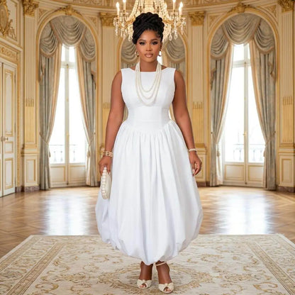 Women’s Sleeveless Bubble Hem Fit & Flare Ankle-Length Dress – Elegant White Formal Dress for Wedding Guest, Evening & Banquet, Sizes S–XXL