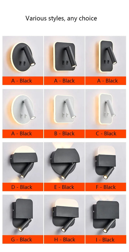Modern Minimalist Led Wall Lamp USB Charging Indoor Bedroom Lamp Hotel Bedside Reading Lamp Wall Lights Sconce Switch AC 90~240V