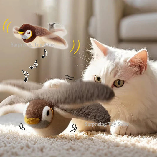 Rechargeable Interactive Cat Toy – Touch-Activated Chirping Flapping Bird Plush with Catnip