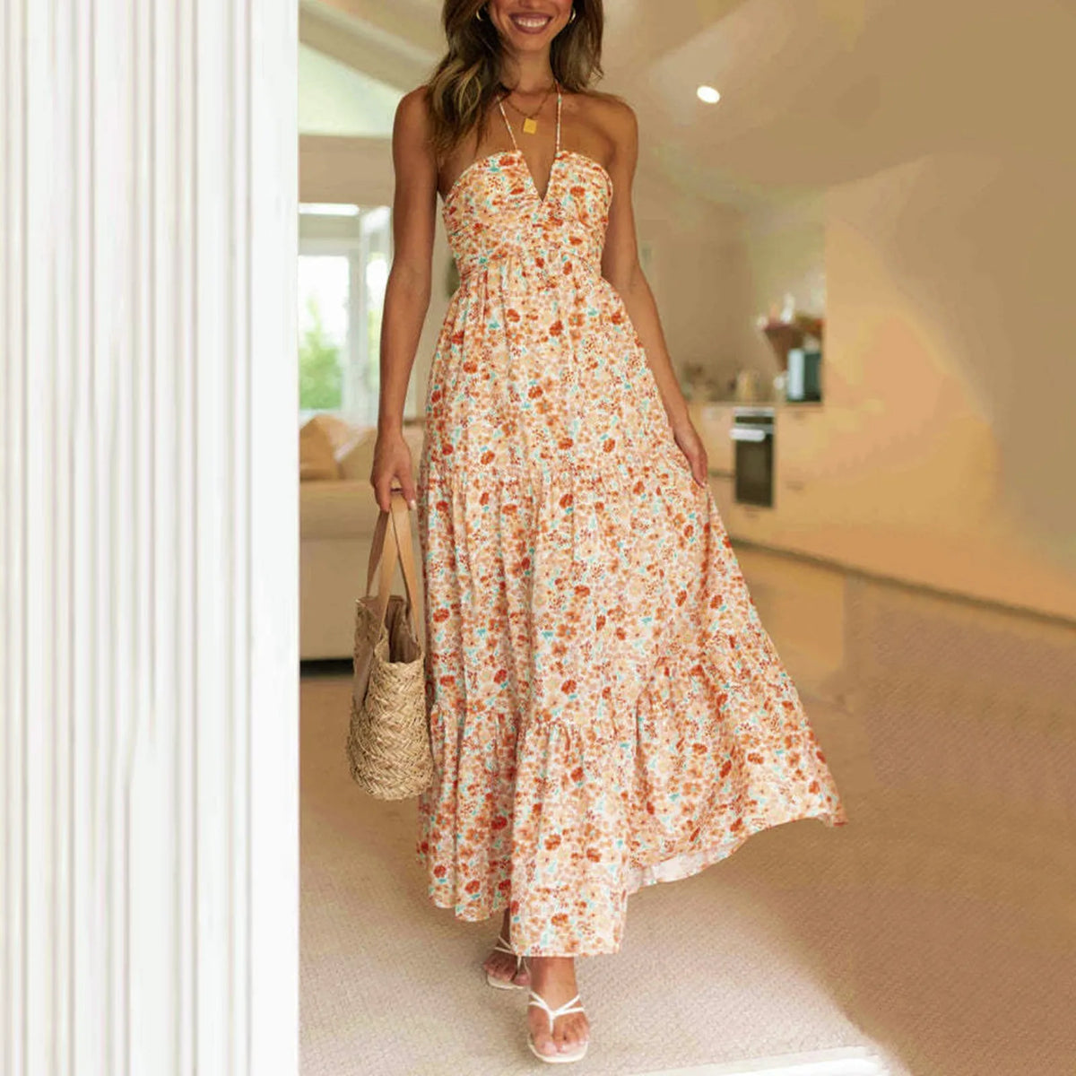 Women's Sleeveless V-Neck Casual Maxi Dress – Solid Color Spaghetti Strap A-Line Summer Dress