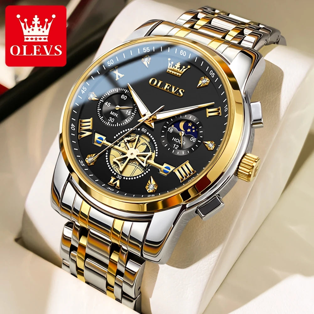 OLEVS 2856 Men's Skeleton Chronograph Watch - Flywheel Dial, Moon Phase, Steel Bracelet, 30m Water Resistant