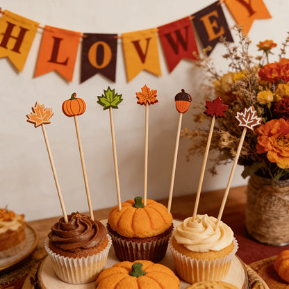 Autumn Harvest Food Picks – Set of 100 Mixed Bamboo Cocktail Sticks with Pumpkin, Maple Leaf & Acorn Shapes – Halloween & Thanksgiving Party Decor