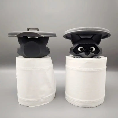 1Pc Adorable 3D Printed Raccoon Toilet Roll Paper Holder White Plastic Playful Bathroom Decor Tissue Holder with Lid Decoration