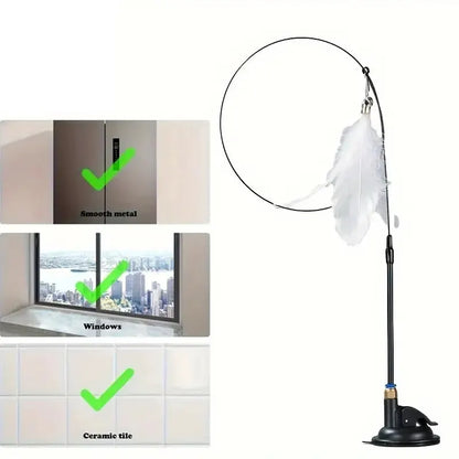 Cat Teaser Toy - Interactive Bell & Feather Wand - Long Suction Cup