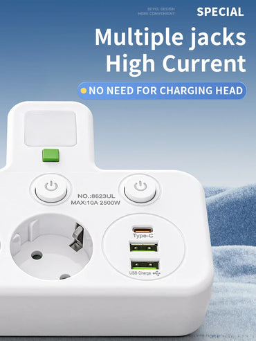 EU 4-Socket Wall Power Adapter with Individual Switches, 2500W Mountable Multi-Outlet (No Extension Cable) USB Option